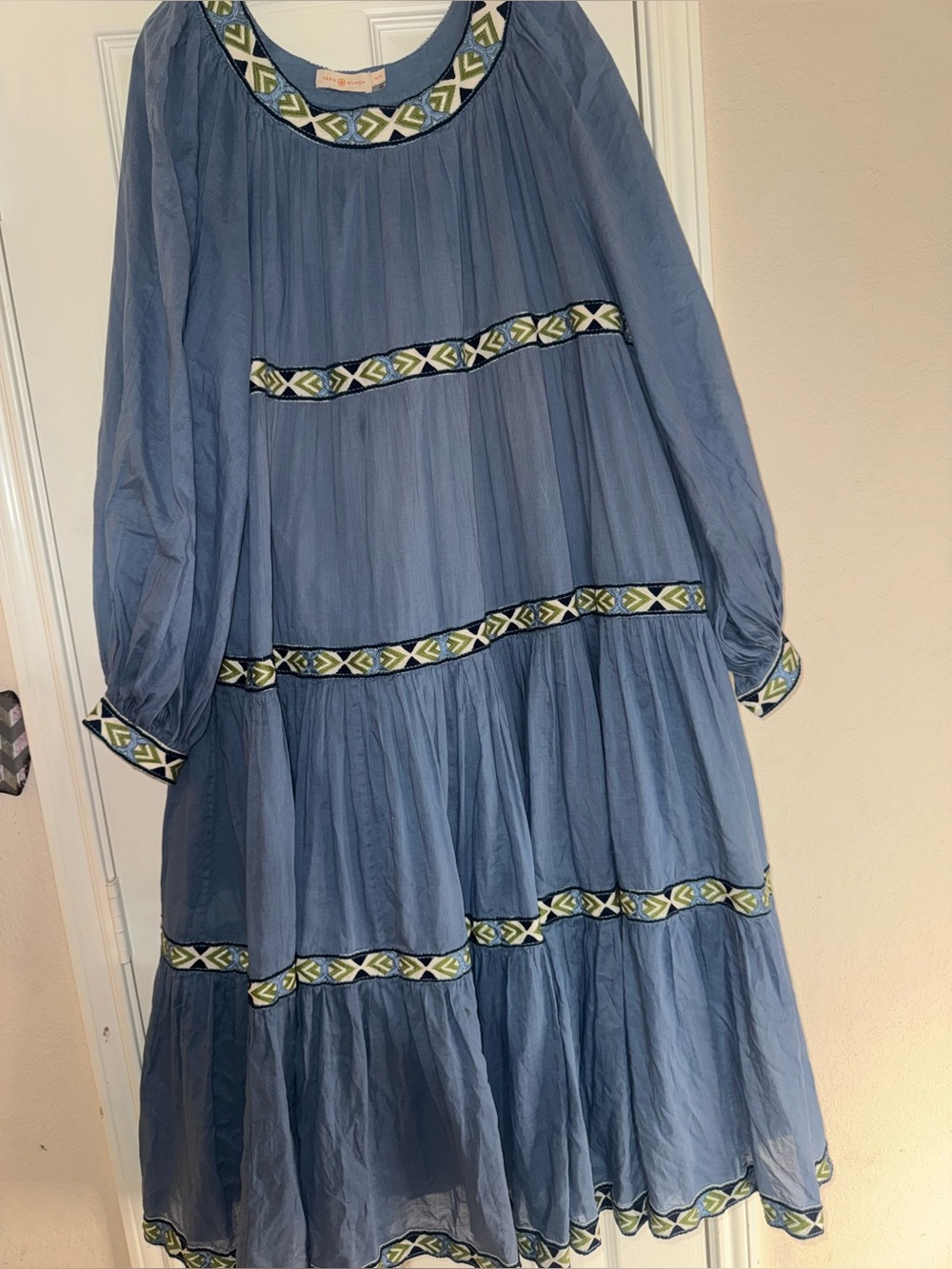 Tory Burch Indigo Blue Embroidered Tiered Long Sleeve Dress